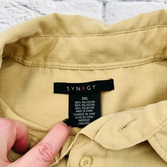 SYNRGY Big Mens Tan Button Up Short Sleeve Shirt 3XL Lightweight Textured